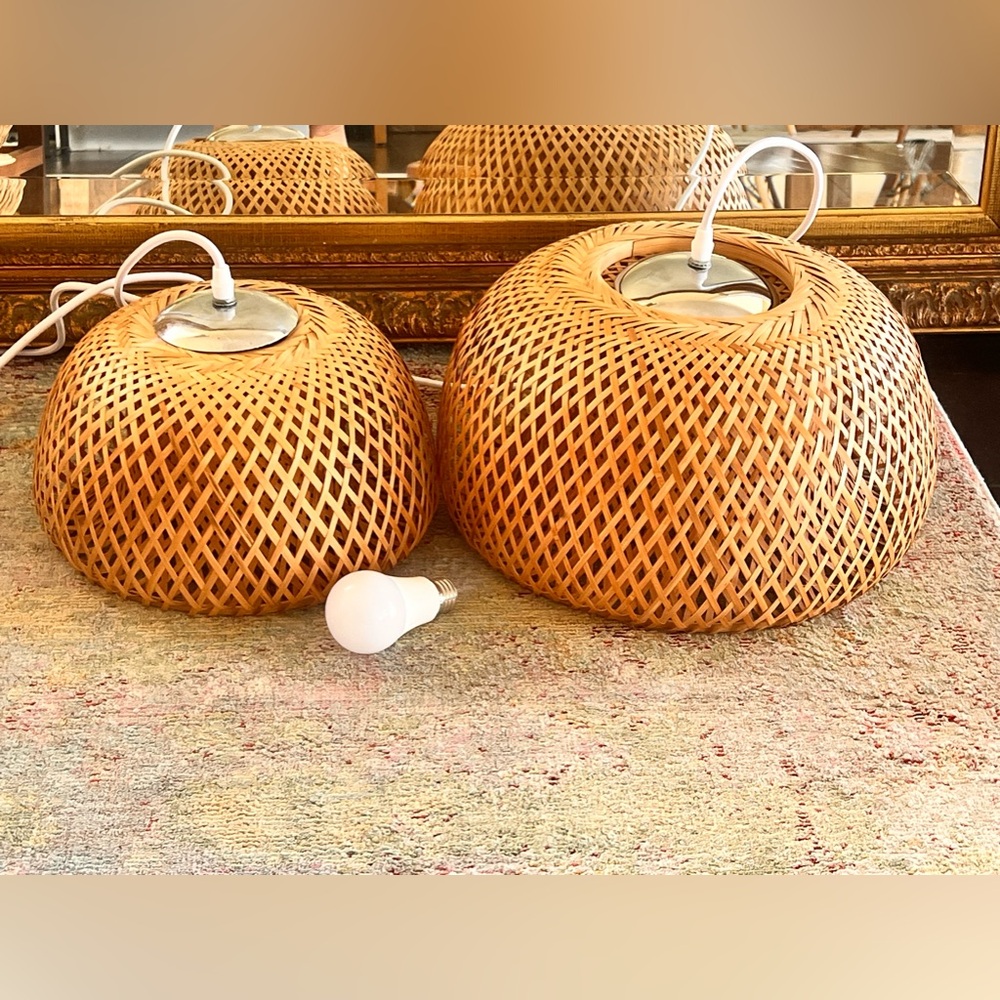 Bamboo Rattan Basket Lamp Light - 11” Diameter, corded pendant
